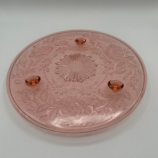 US Glass Shaggy Rose Pink Footed Cake Plate, 10"