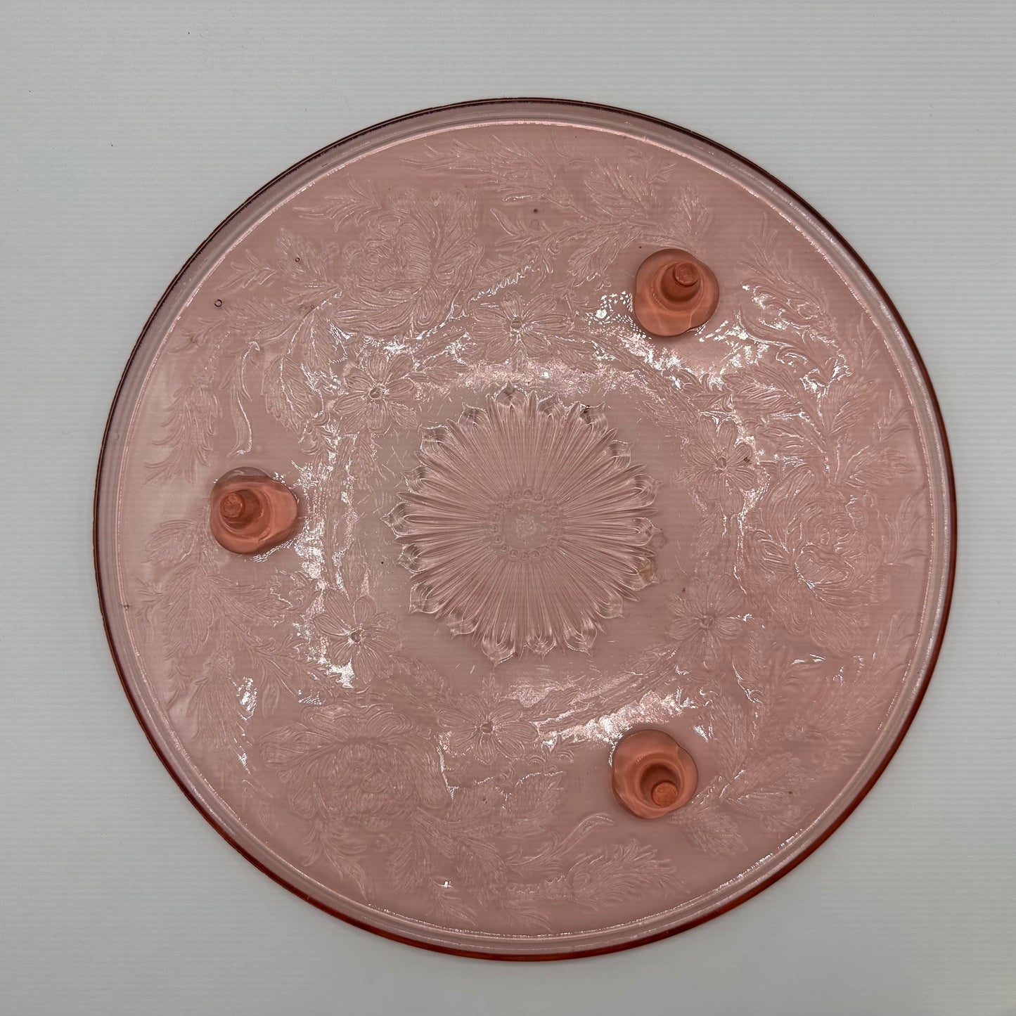 US Glass Shaggy Rose Pink Footed Cake Plate, 10"