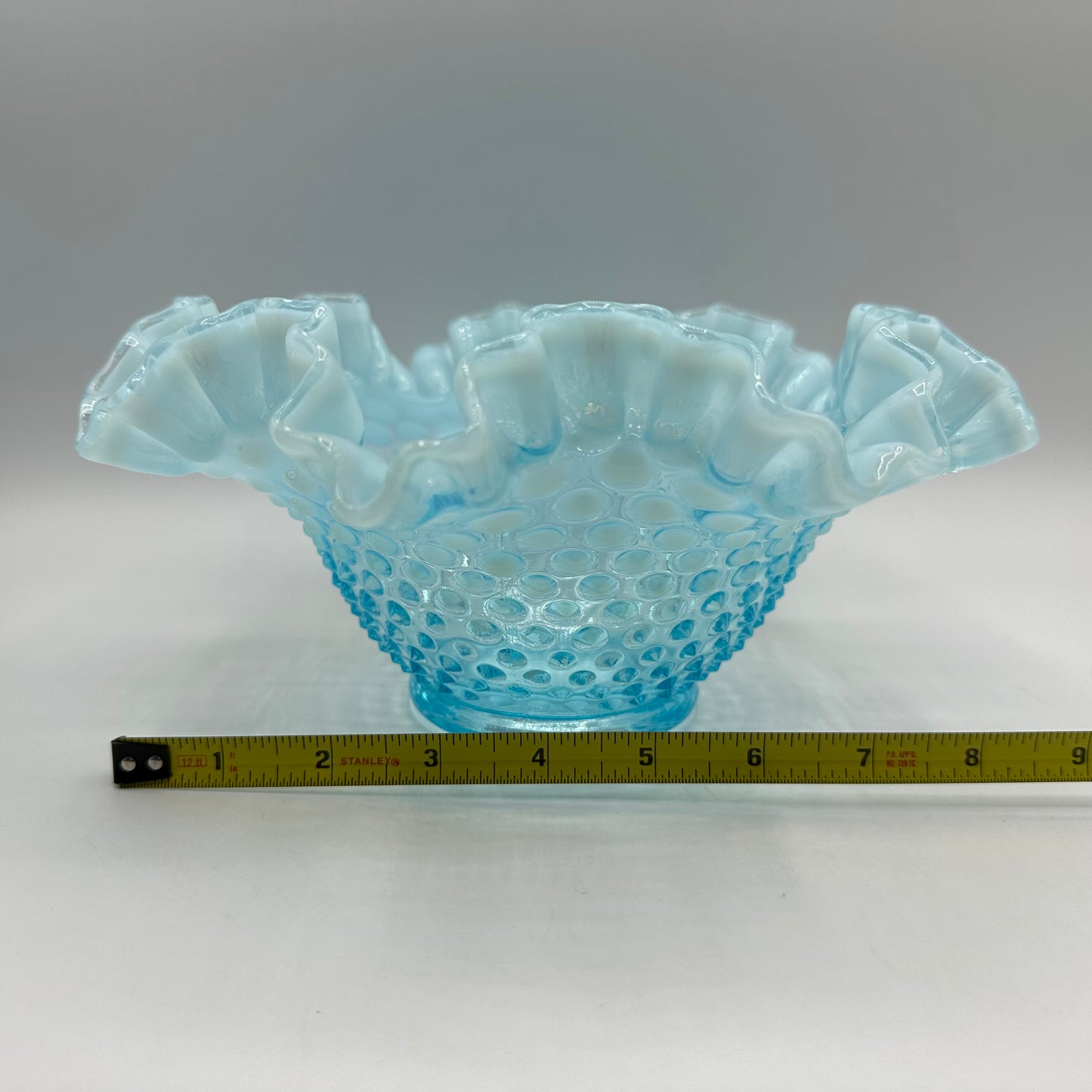 Fenton Blue Opalescent Hobnail Ruffled Edge Bowl, 8"