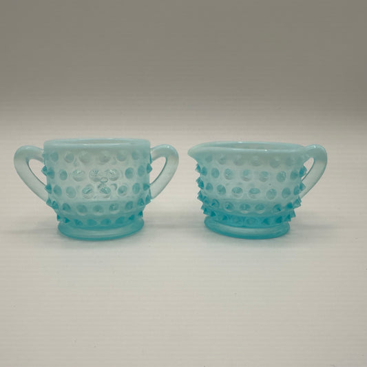 Fenton Hobnail Blue Opalescent Individual Sugar and Creamer