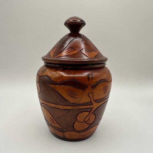 Hand Carved Wooden Jar with Lid, Floral Pattern, 8"