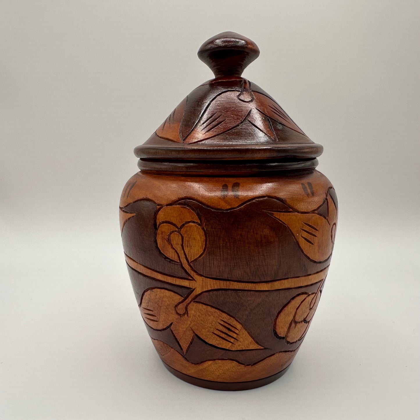 Hand Carved Wooden Jar with Lid, Floral Pattern, 8"