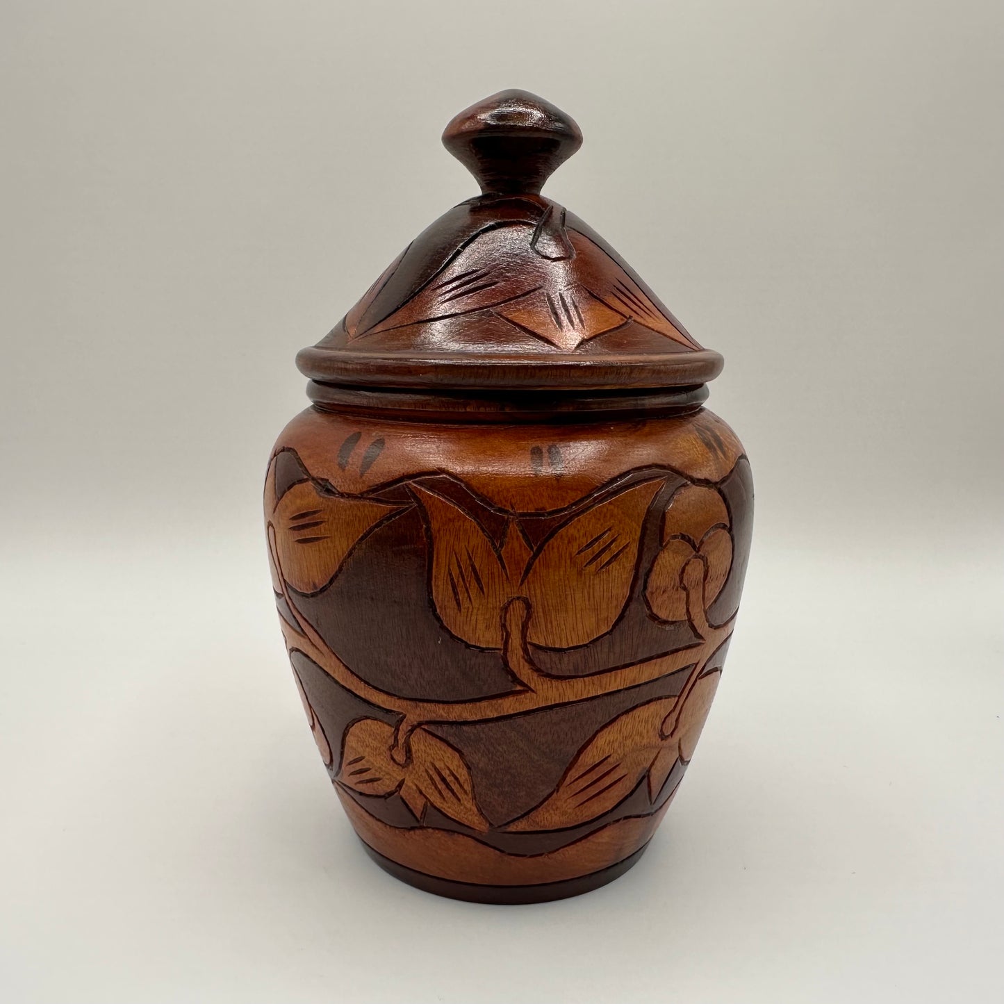 Hand Carved Wooden Jar with Lid, Floral Pattern, 8"