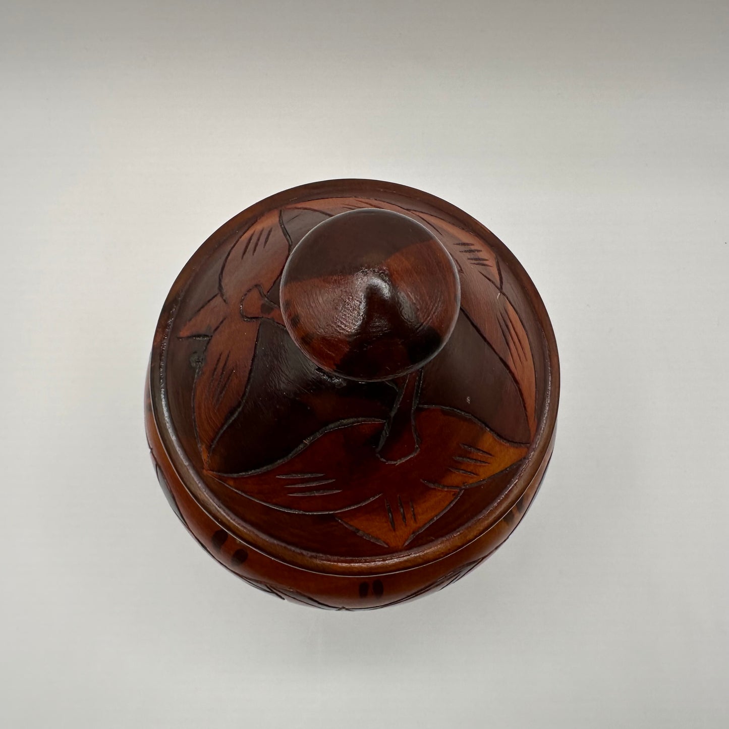 Hand Carved Wooden Jar with Lid, Floral Pattern, 8"