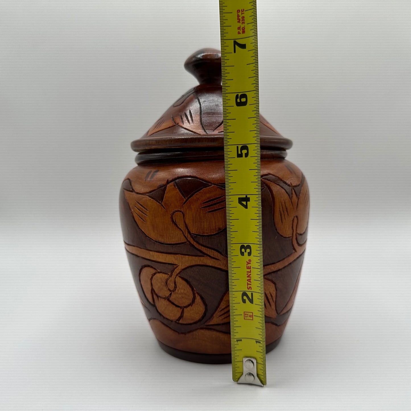 Hand Carved Wooden Jar with Lid, Floral Pattern, 8"