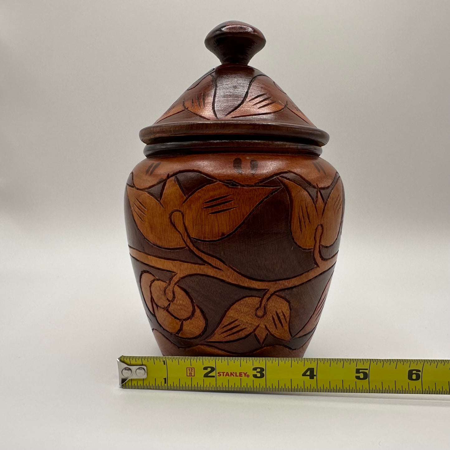 Hand Carved Wooden Jar with Lid, Floral Pattern, 8"