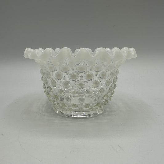 Fenton White Opalescent Hobnail Ruffled Bowl, Small