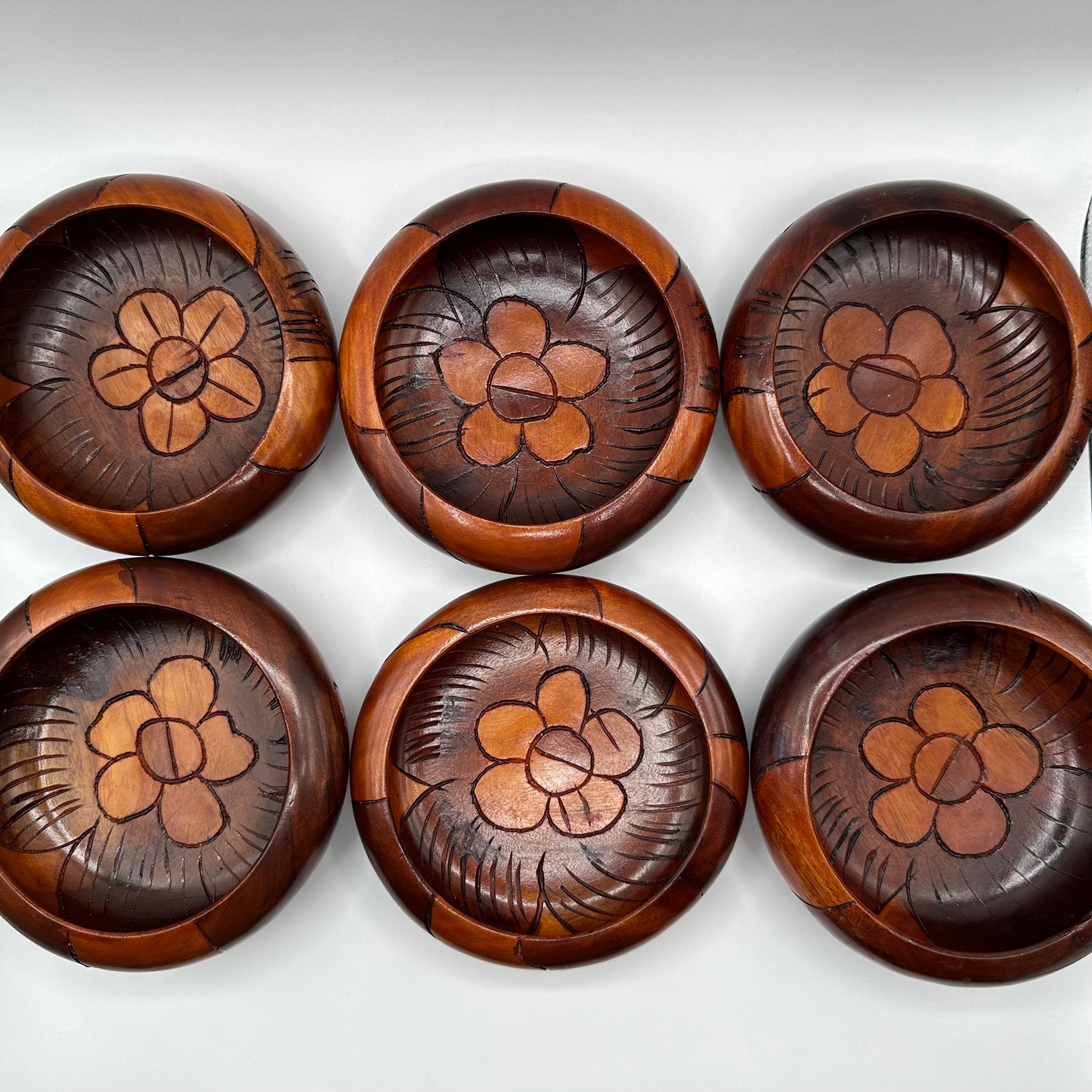 Wood Salad Bowl, Flower Design, Hand Carved, Set of 6