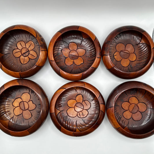 Wood Salad Bowl, Flower Design, Hand Carved, Set of 6