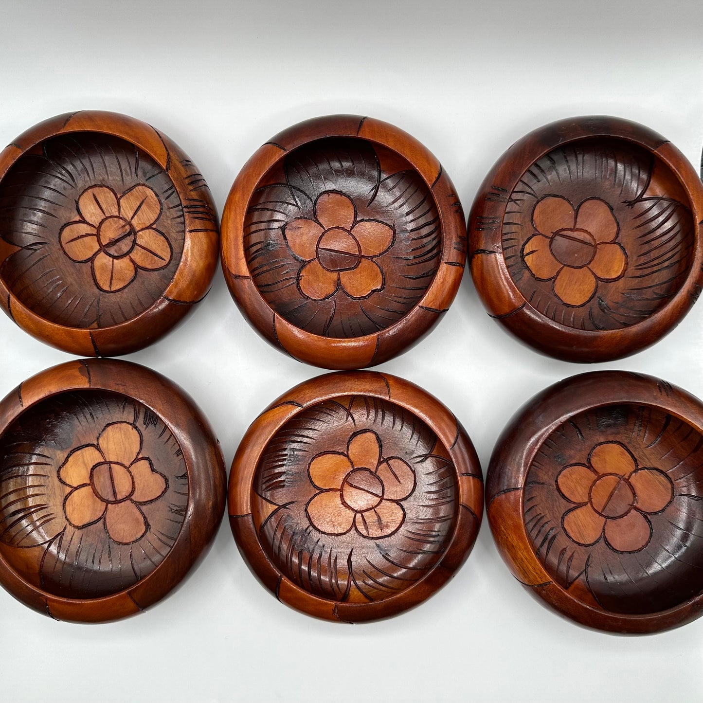 Wood Salad Bowl, Flower Design, Hand Carved, Set of 6