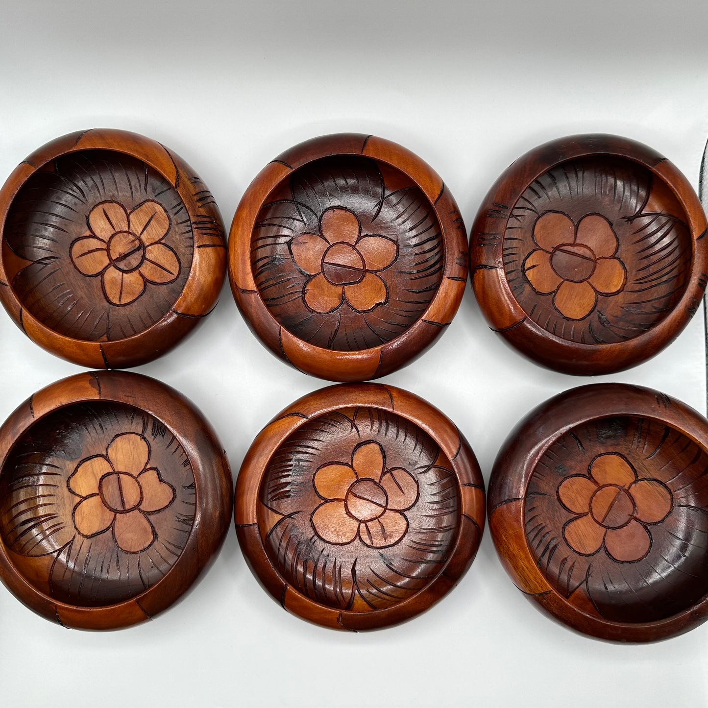 Wood Salad Bowl, Flower Design, Hand Carved, Set of 6