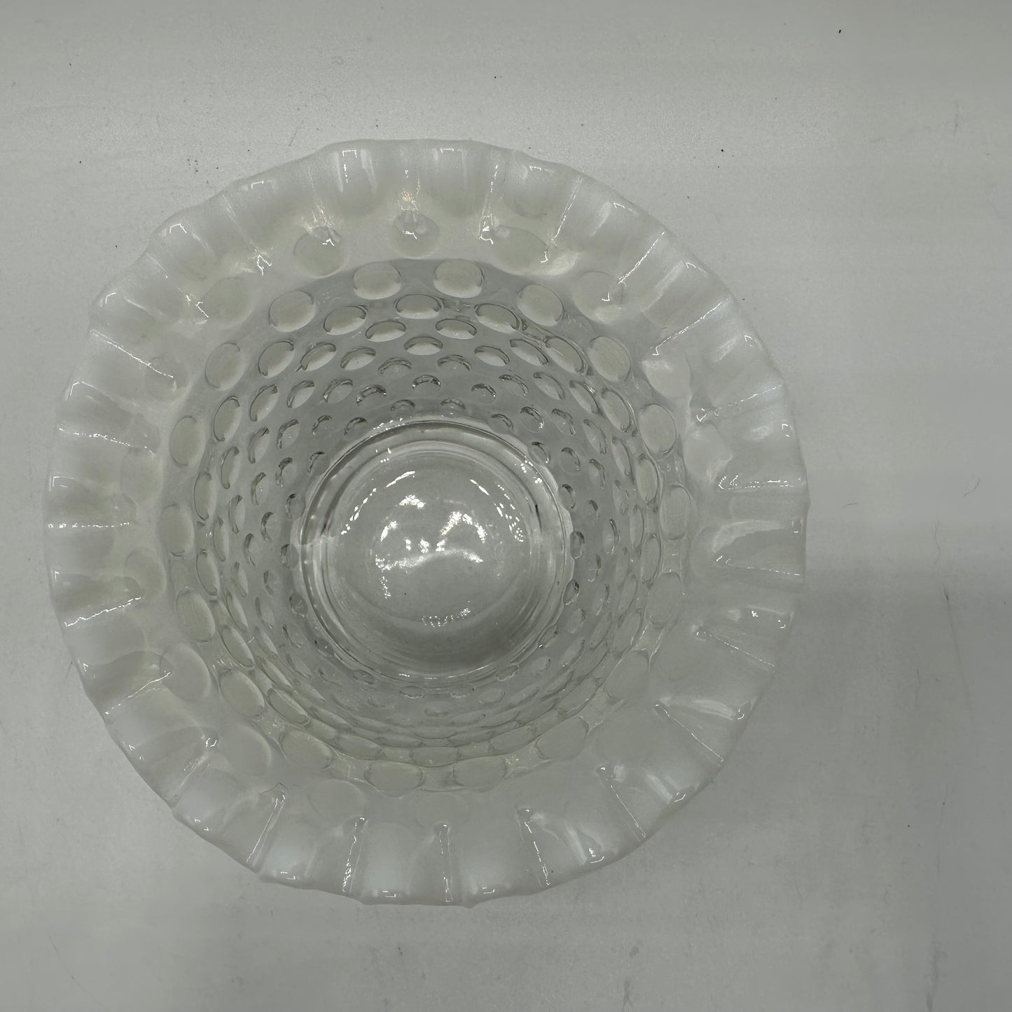 Fenton White Opalescent Hobnail Ruffled Bowl, Small