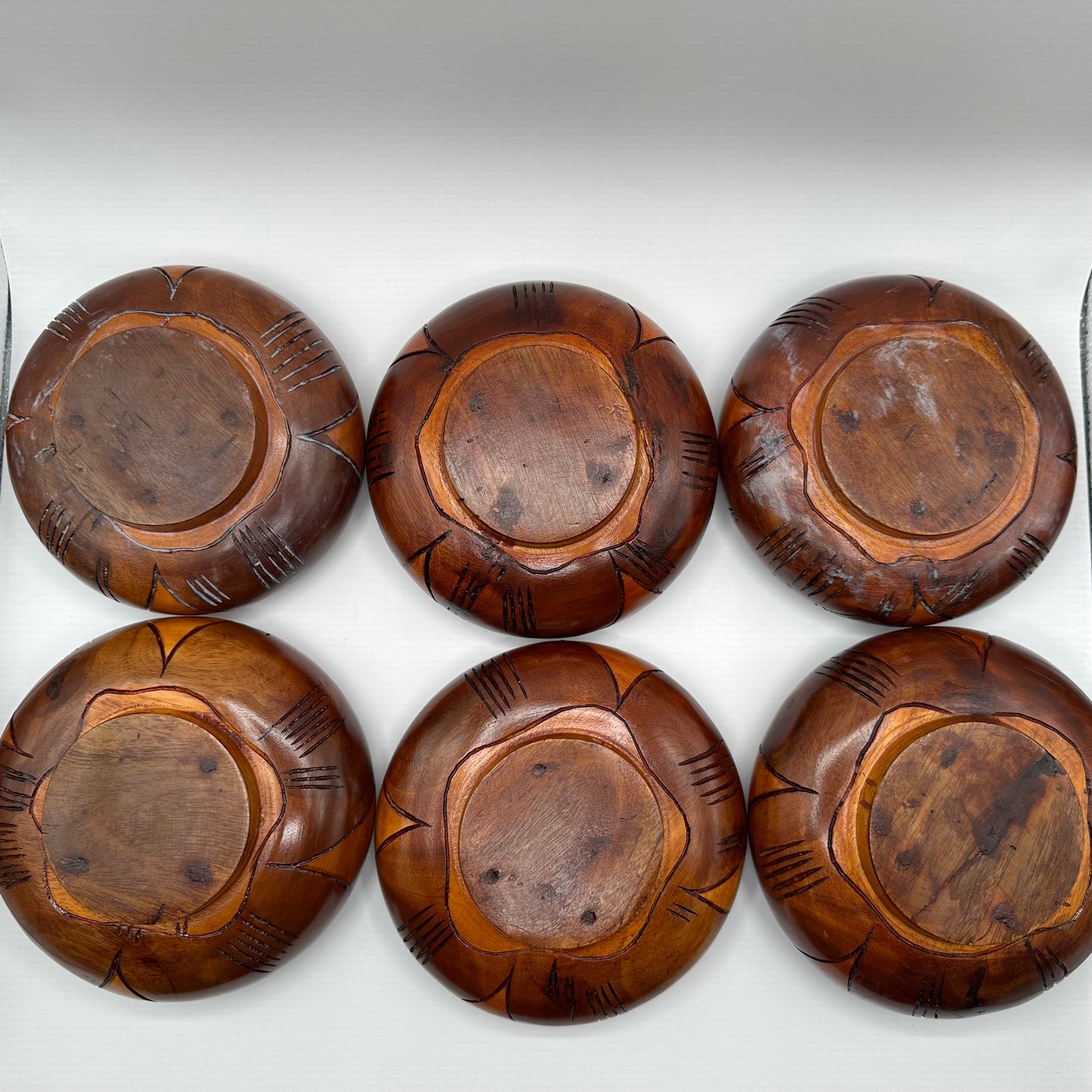 Wood Salad Bowl, Flower Design, Hand Carved, Set of 6