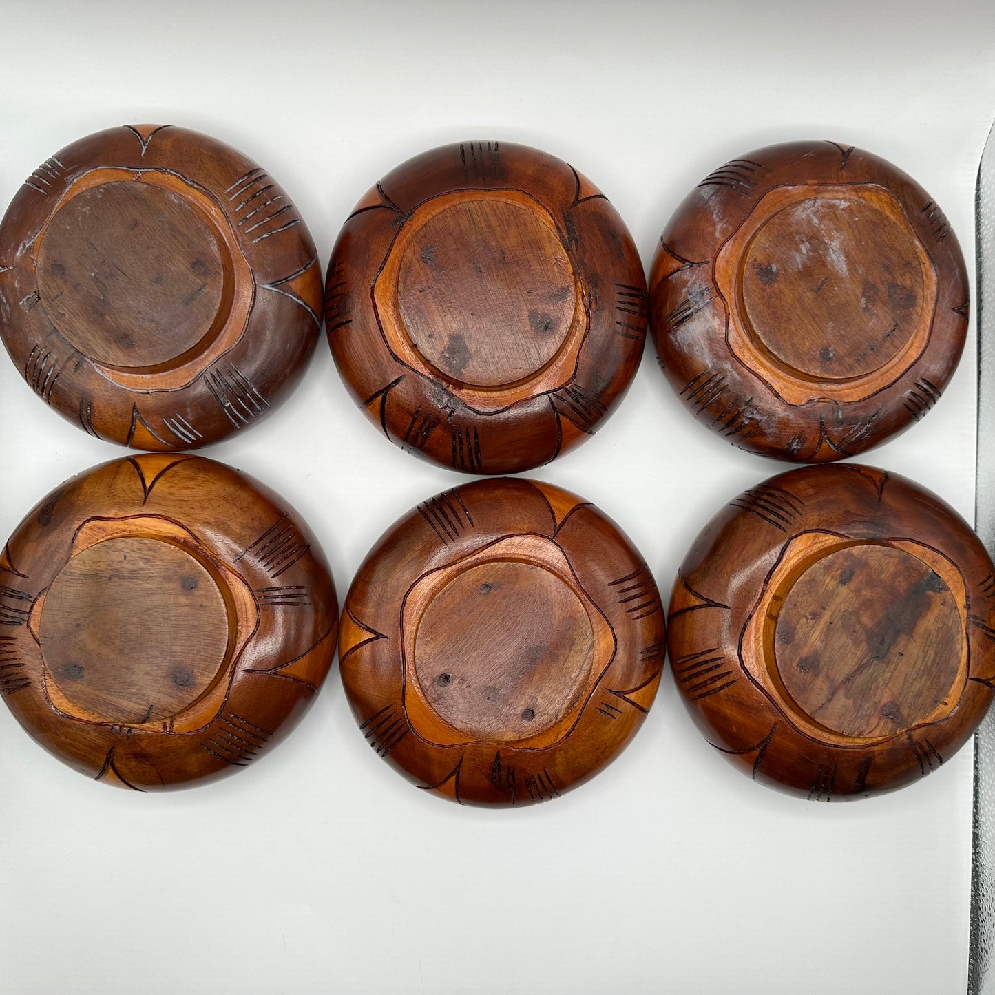 Wood Salad Bowl, Flower Design, Hand Carved, Set of 6