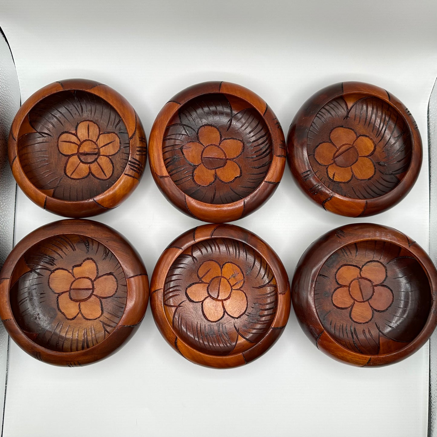 Wood Salad Bowl, Flower Design, Hand Carved, Set of 6