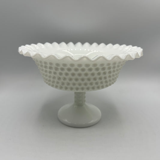 L.E. Smith Hobnail Pedestal Compote Bowl, Milk Glass 8"