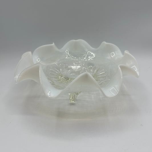 Northwood Opalescent Glass Bowl, Ruffles and Rings Pattern, Footed