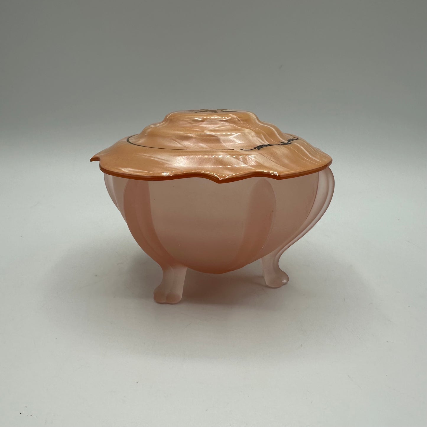 Art Deco Pink Frosted Glass Clawed Foot Powder Jar and Celluloid Lid