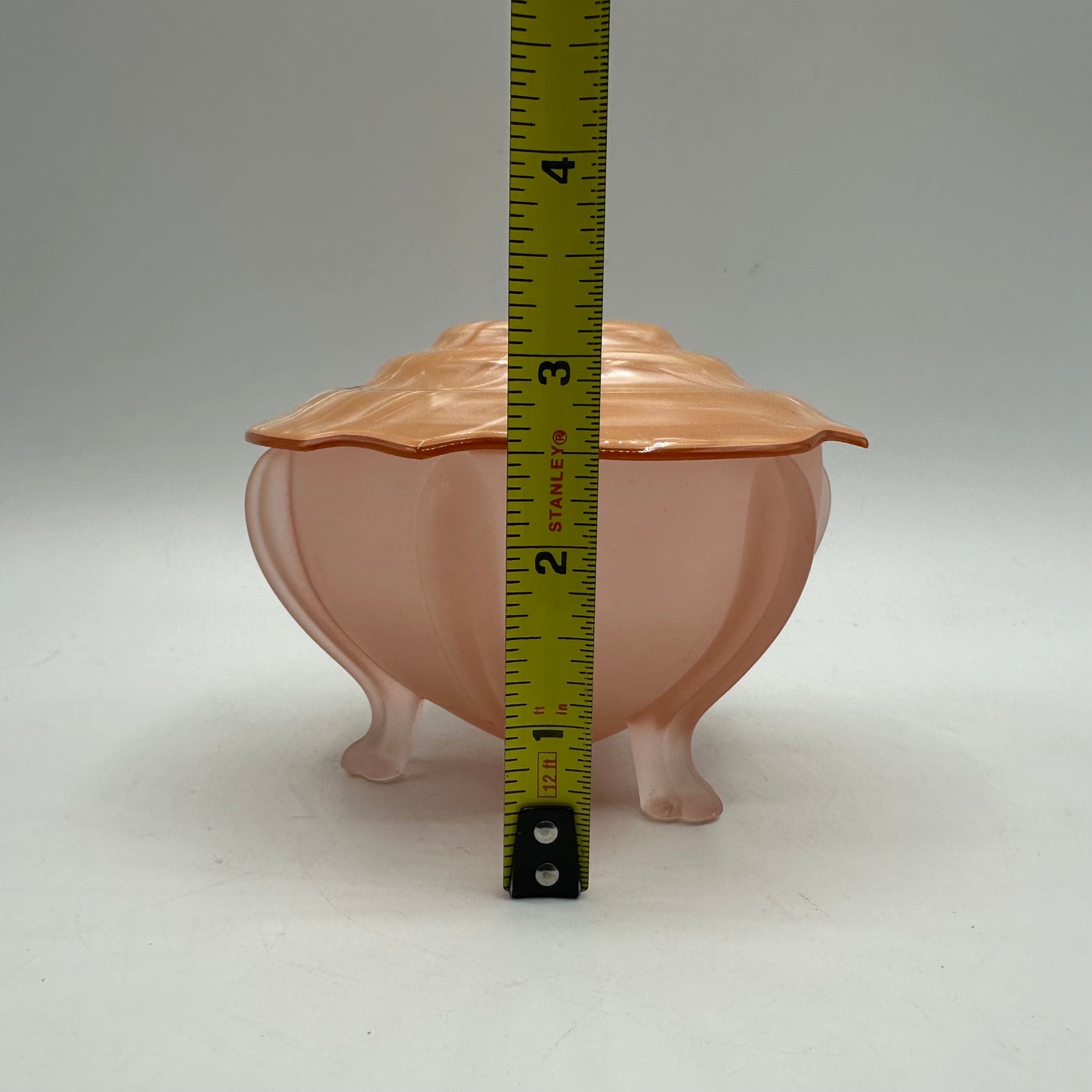 Art Deco Pink Frosted Glass Clawed Foot Powder Jar and Celluloid Lid