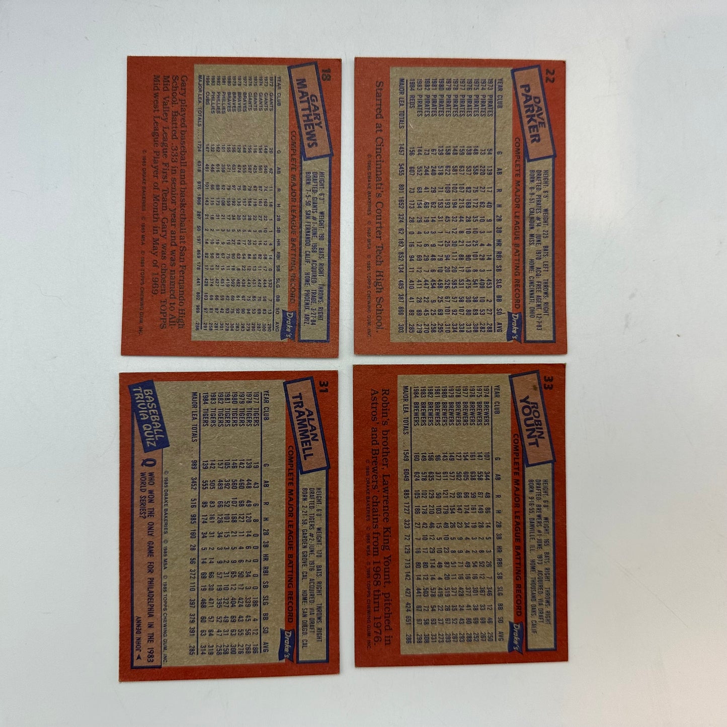 1985 Drake's Big Hitters 5th Annual Collectors' Edition 8 Baseball Card Set