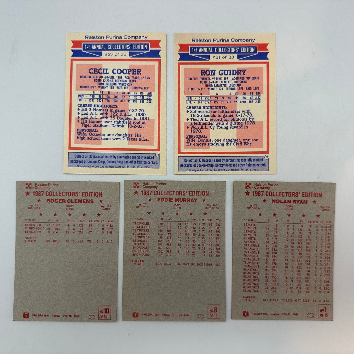 1984 & 1987 Ralston Purina 5 Baseball Card Set