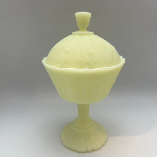 Fenton Custard Satin Lidded Candy Dish, Daisy Paneled