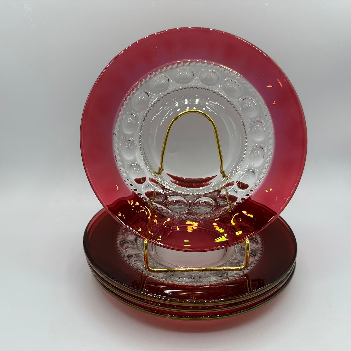 Indiana Glass Kings Crown Thumbprint Ruby Flash Luncheon Plates, Set of 4