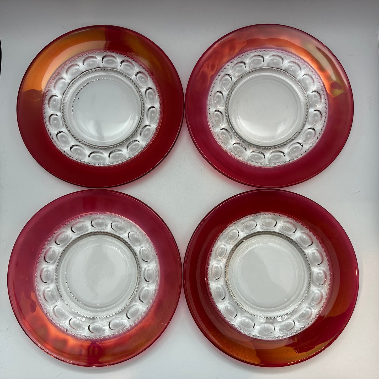Indiana Glass Kings Crown Thumbprint Ruby Flash Luncheon Plates, Set of 4