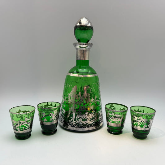 Emerald Green Decanter and 4 Shot Glasses, Silver Overlay With Venetian Design