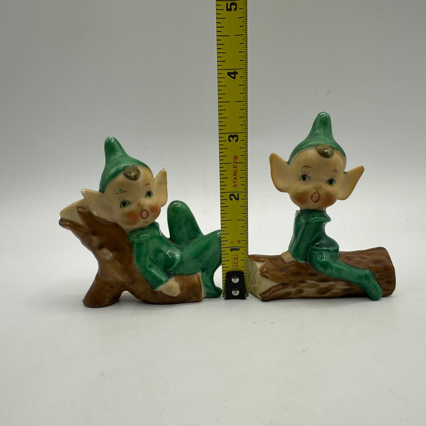 1950s Elves Sitting on Logs Figurines, Japan, Set of 2