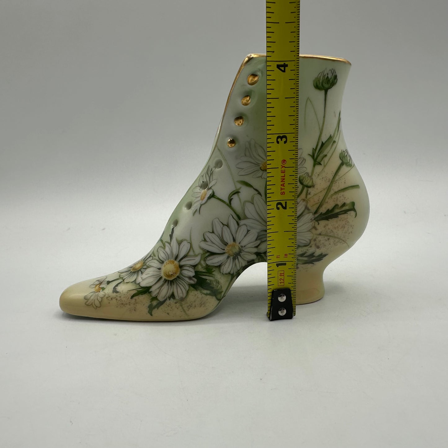 Limoges Porcelain Victorian Button Up Boot with Daisies and Gold Trim