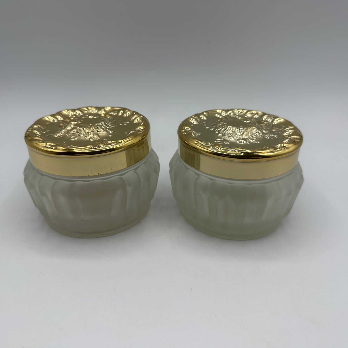 1960's Estee Lauder Re-Nutriv Powder Frosted Decorative Glass Jar Gold, Lot of 2