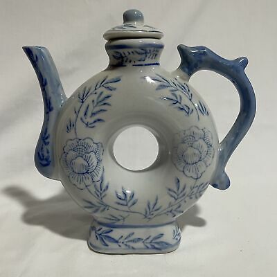 Vintage Blue & White Asian Donut Shaped Teapot Dragon Handle Floral Design - Nostalgia 2 Now