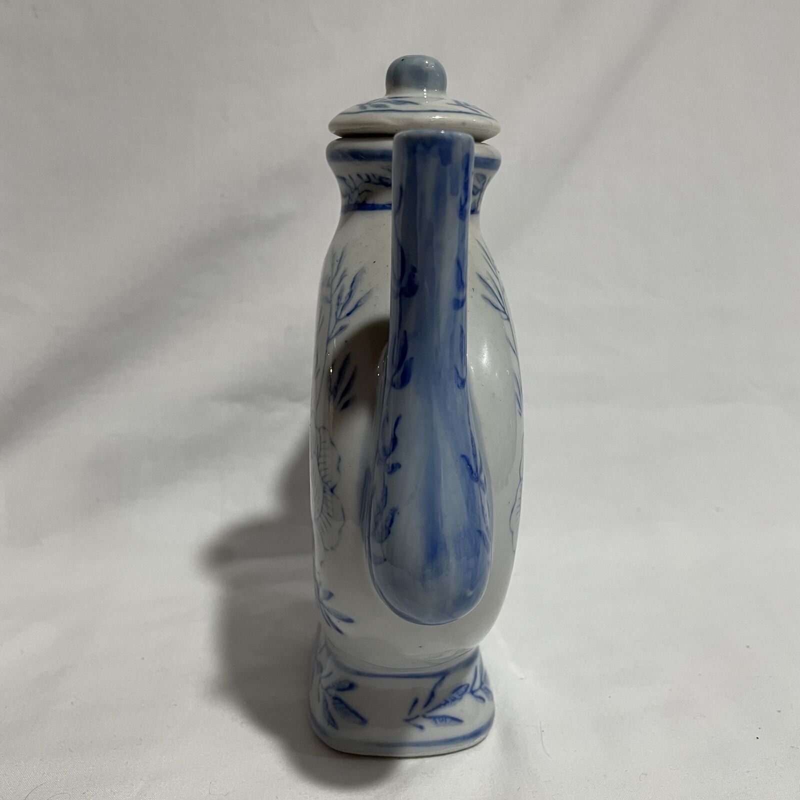 Vintage Blue & White Asian Donut Shaped Teapot Dragon Handle Floral Design - Nostalgia 2 Now