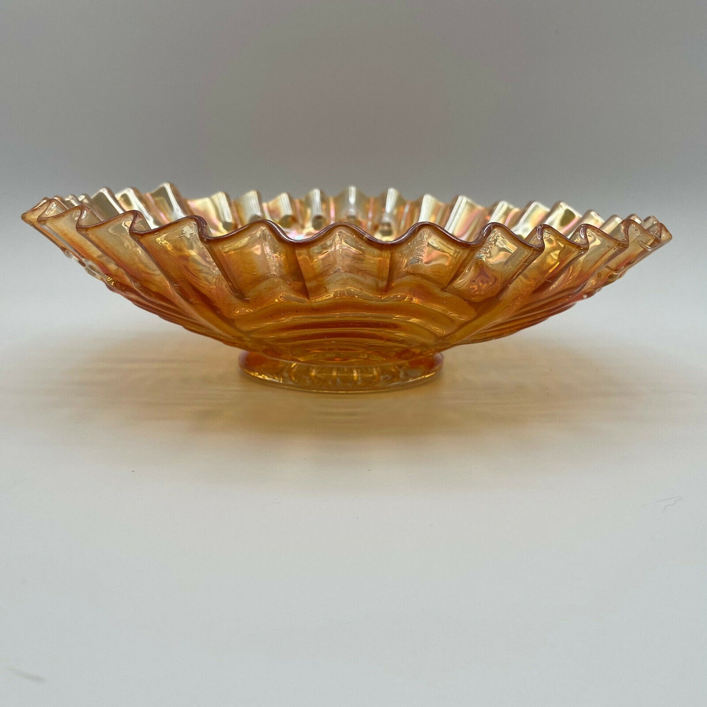 Vintage Peacock Tail Iridescent Marigold Carnival Glass Bowl Ruffled Edge Fenton - Nostalgia 2 Now