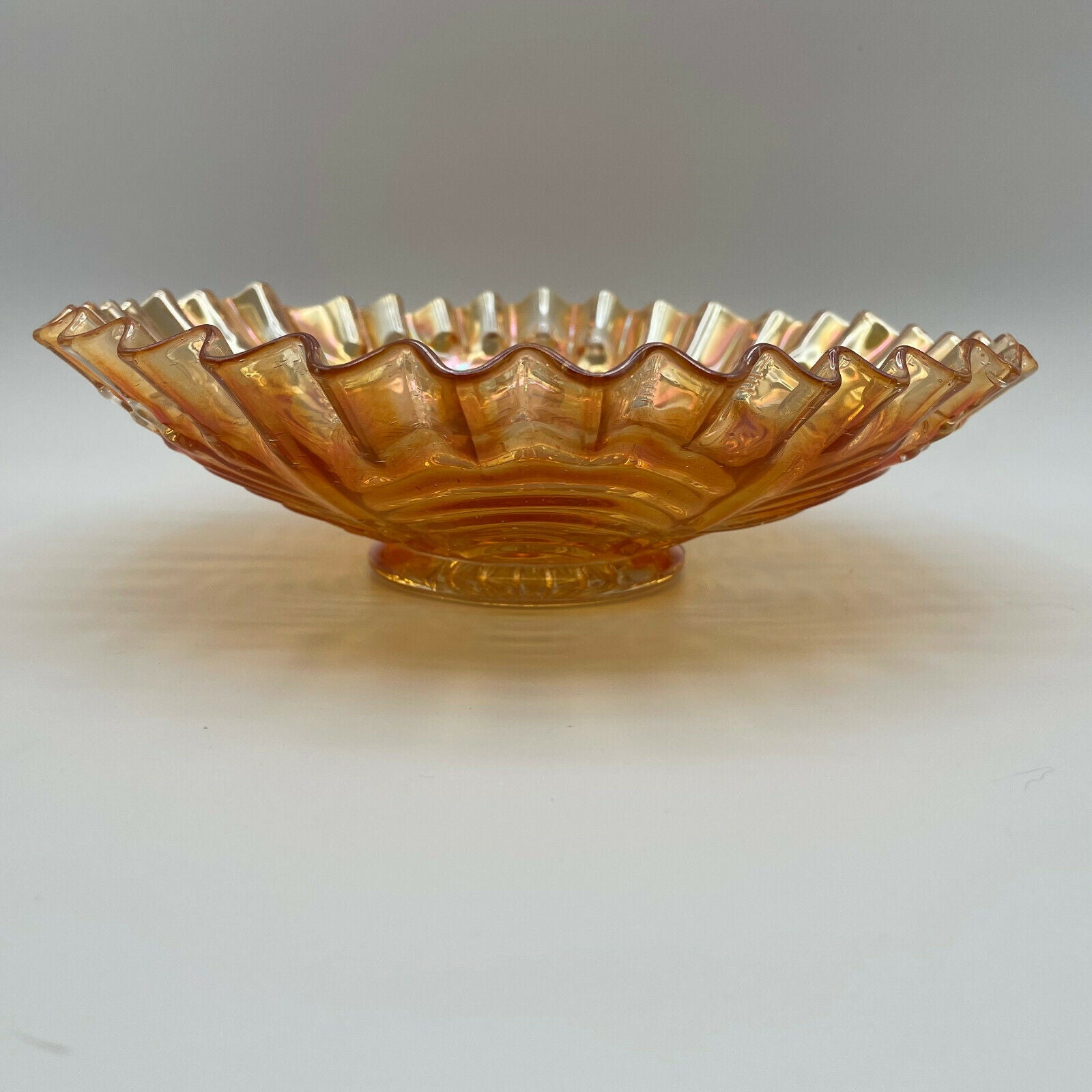 Vintage Peacock Tail Iridescent Marigold Carnival Glass Bowl Ruffled Edge Fenton - Nostalgia 2 Now