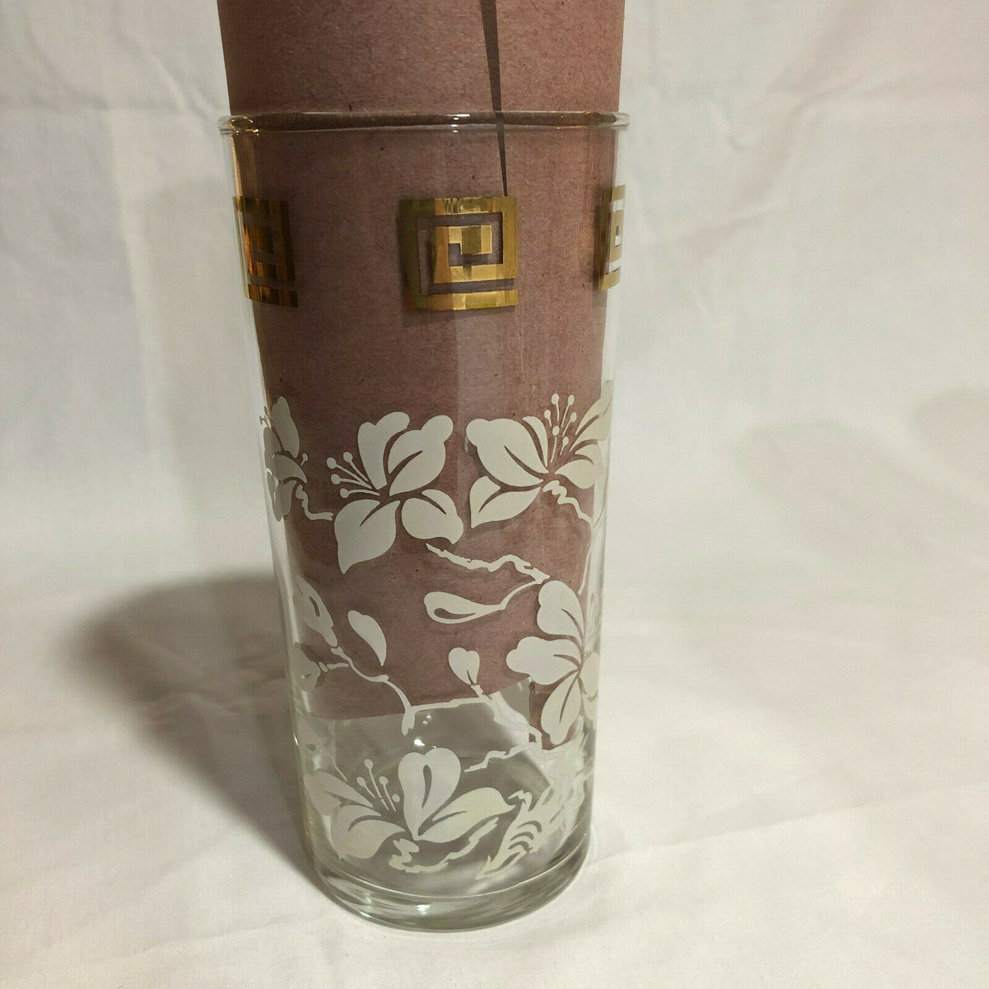 Anchor Hocking WHITE LEAVES & GOLD GRECIAN KEY Tumblers 6" Tall, set of 6 - Nostalgia 2 Now