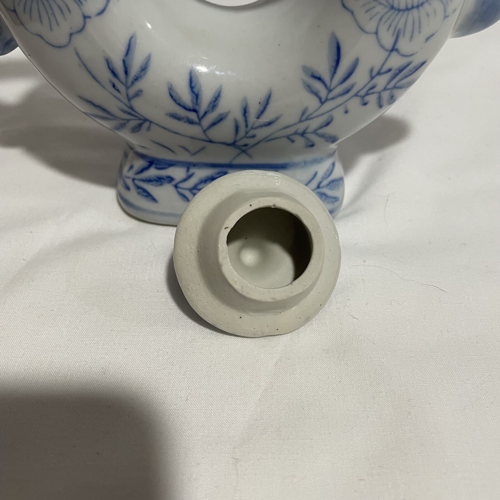 Vintage Blue & White Asian Donut Shaped Teapot Dragon Handle Floral Design - Nostalgia 2 Now