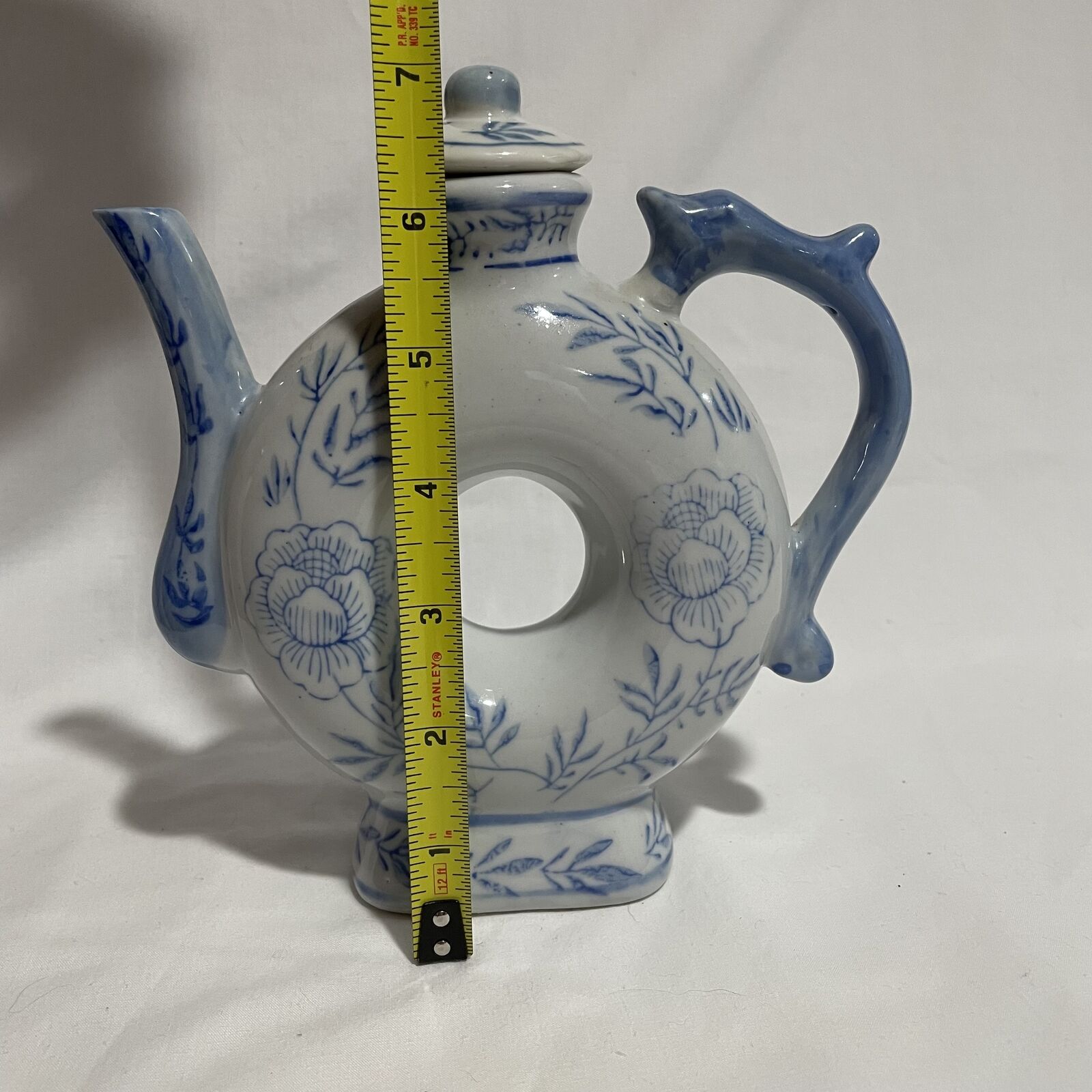 Vintage Blue & White Asian Donut Shaped Teapot Dragon Handle Floral Design - Nostalgia 2 Now