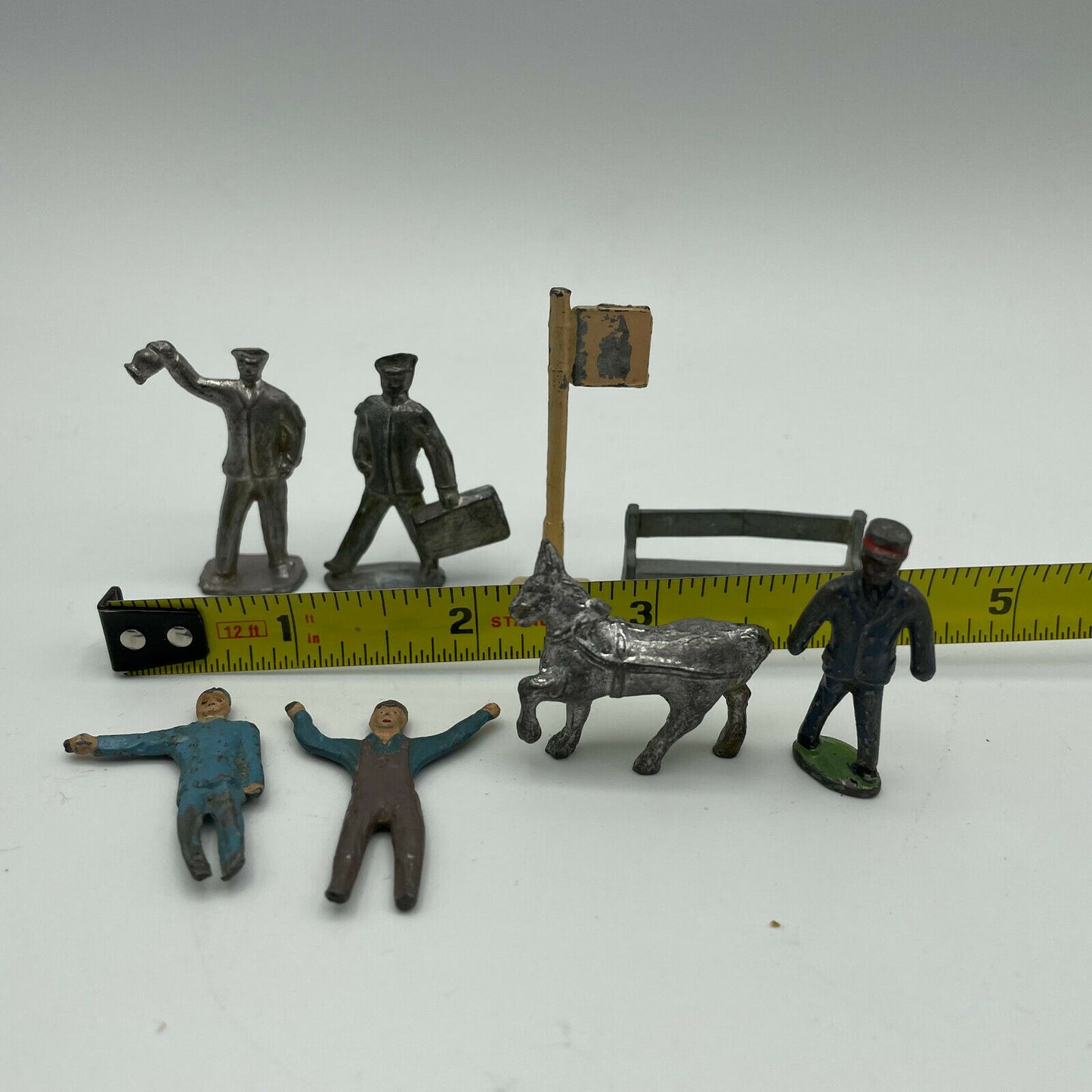 Vintage Pewter Train Figurines, Set of 6 + Bench and Flag - Nostalgia 2 Now