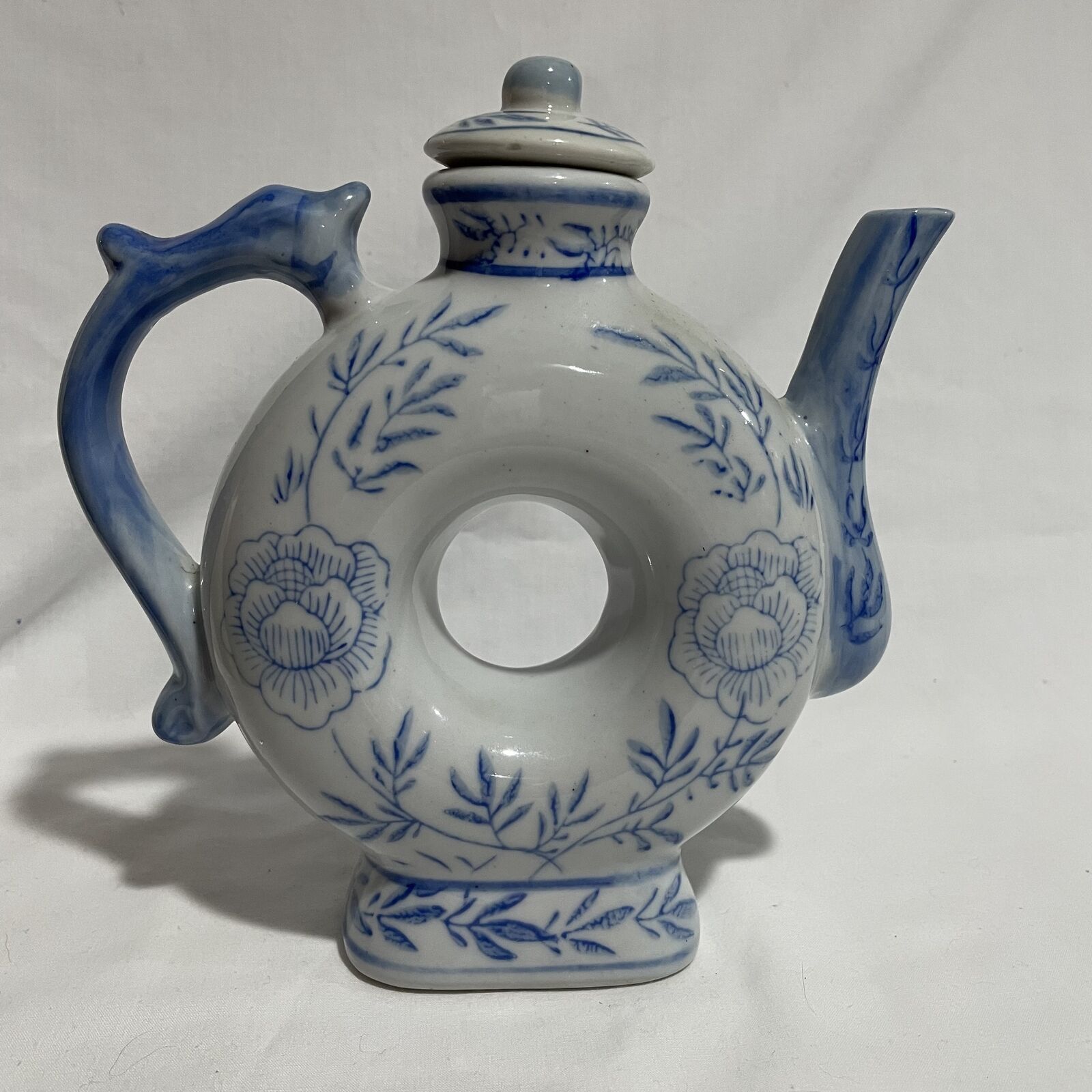 Vintage Blue & White Asian Donut Shaped Teapot Dragon Handle Floral Design - Nostalgia 2 Now