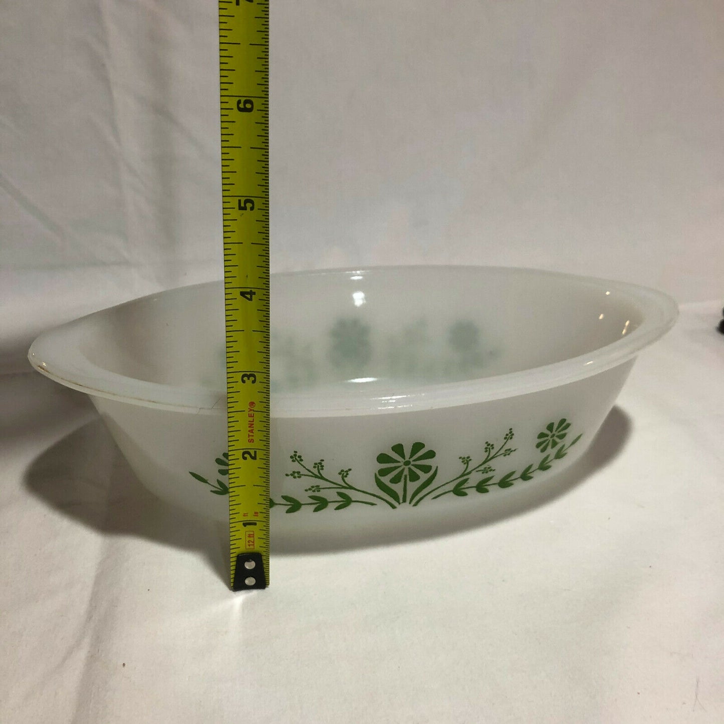 Vintage Glasbake Milk Glass Green Daisy 1Qt Casserole Oval Dish - Nostalgia 2 Now
