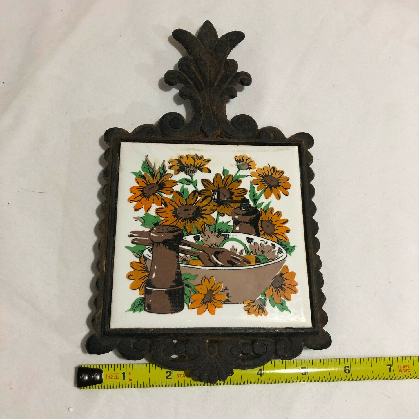 Vintage Cast Iron Yellow Daisy Trivet with Salad Bowl and Salt & Pepper Shakers - Nostalgia 2 Now