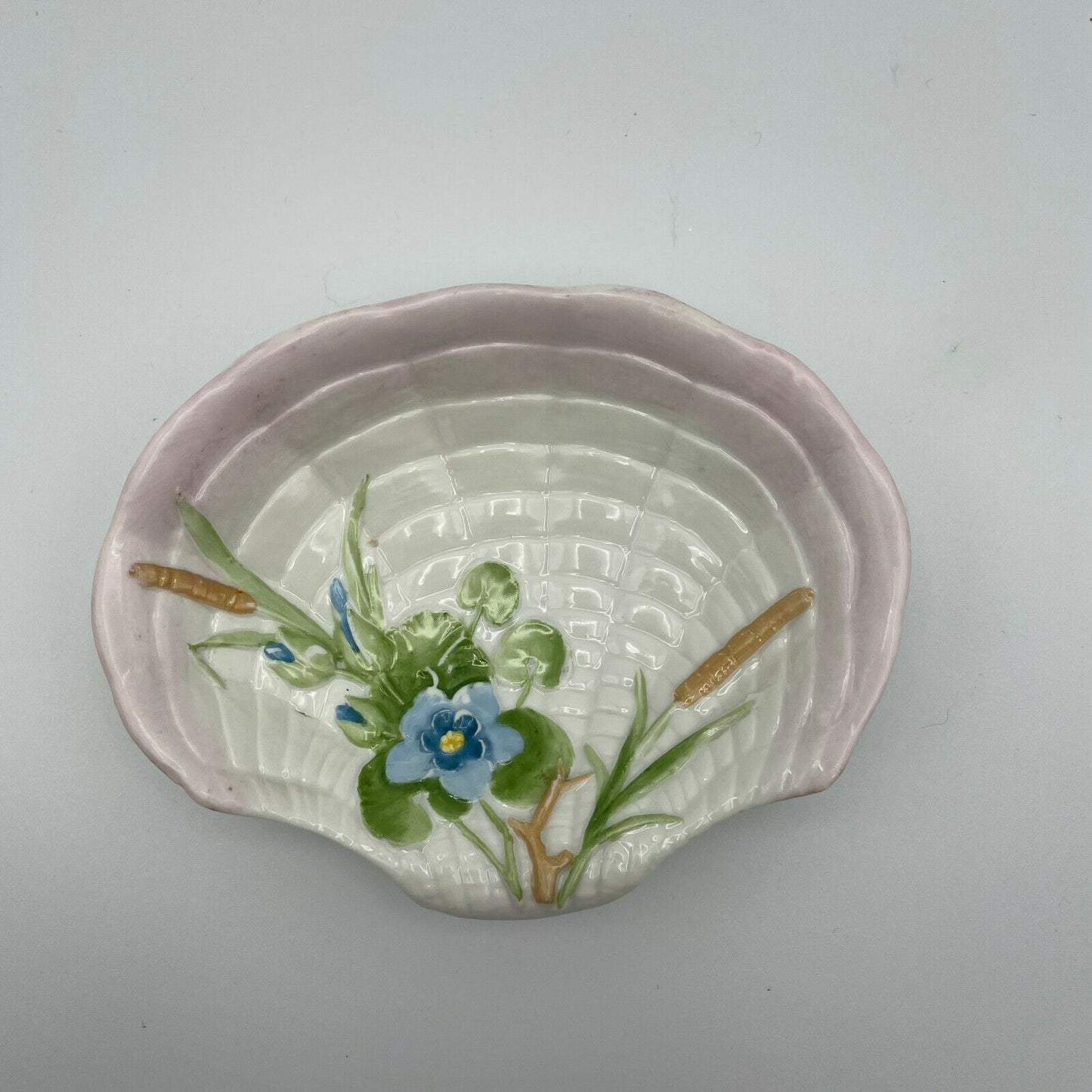 Ceramic Shell Shaped Soap Dish Pink with Cat Tails & Blue Flowers - Nostalgia 2 Now