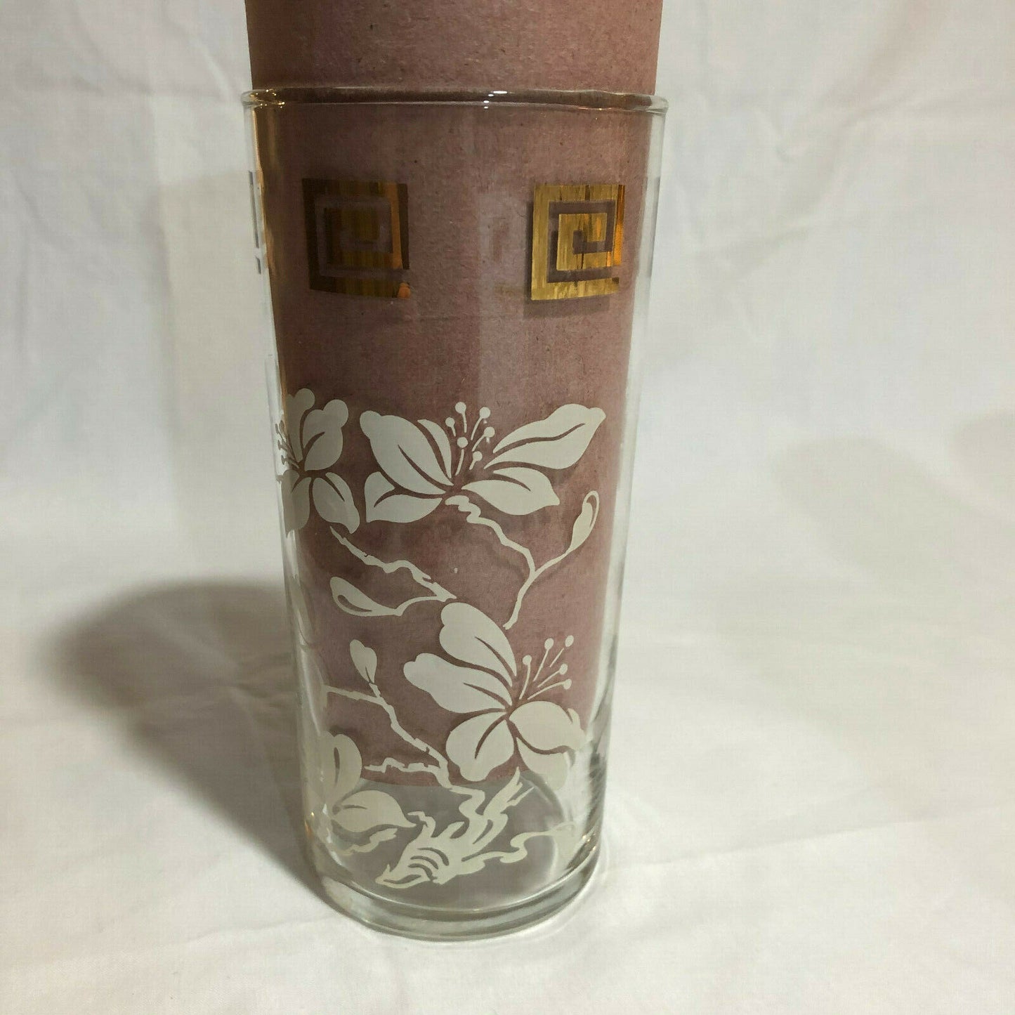 Anchor Hocking WHITE LEAVES & GOLD GRECIAN KEY Tumblers 6" Tall, set of 6 - Nostalgia 2 Now