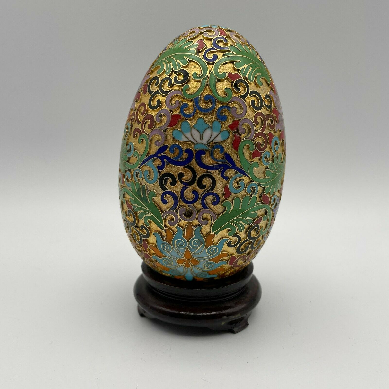 Vintage Chinese Cloisonne Egg With Wood Base - 5" - Nostalgia 2 Now