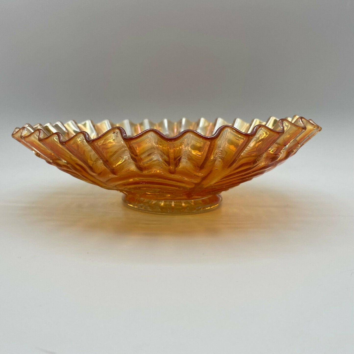 Vintage Peacock Tail Iridescent Marigold Carnival Glass Bowl Ruffled Edge Fenton - Nostalgia 2 Now