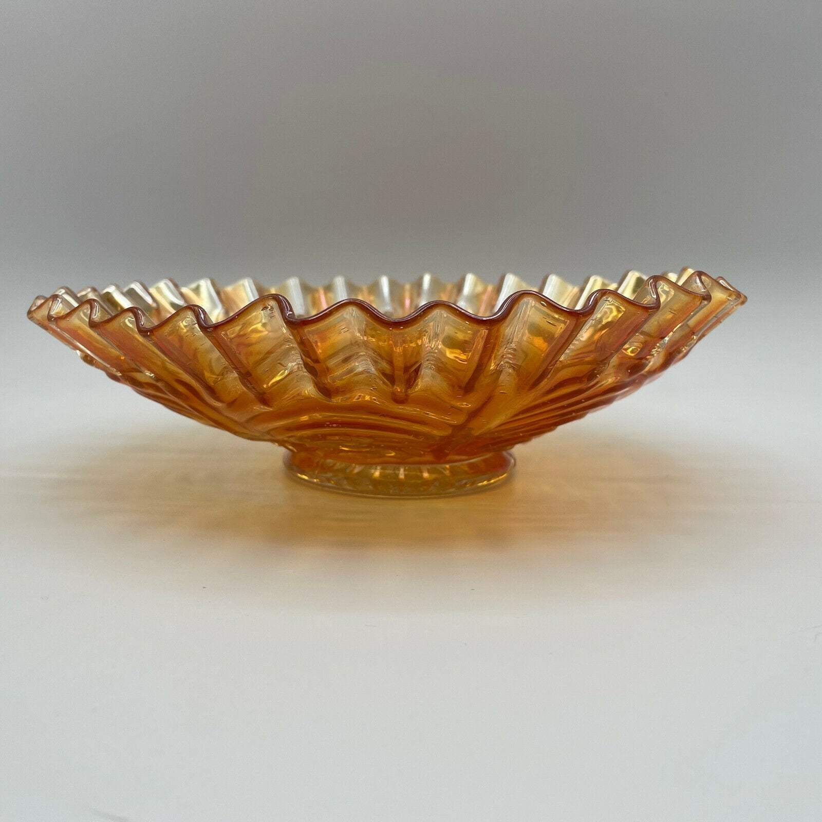 Vintage Peacock Tail Iridescent Marigold Carnival Glass Bowl Ruffled Edge Fenton - Nostalgia 2 Now