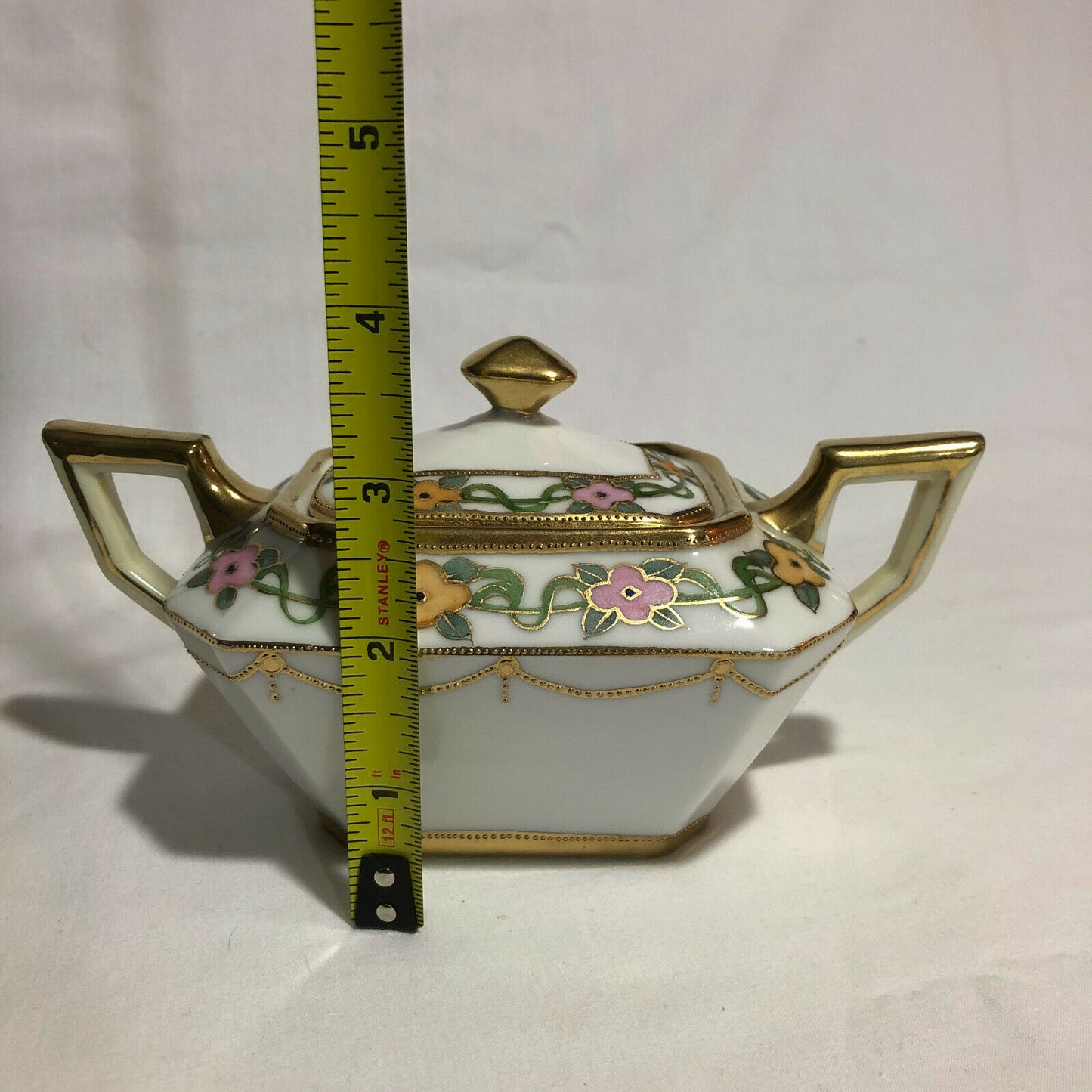 Vintage Nippon Hand Painted Sugar Bowl With Pink Flowers And Raised Gold - Nostalgia 2 Now