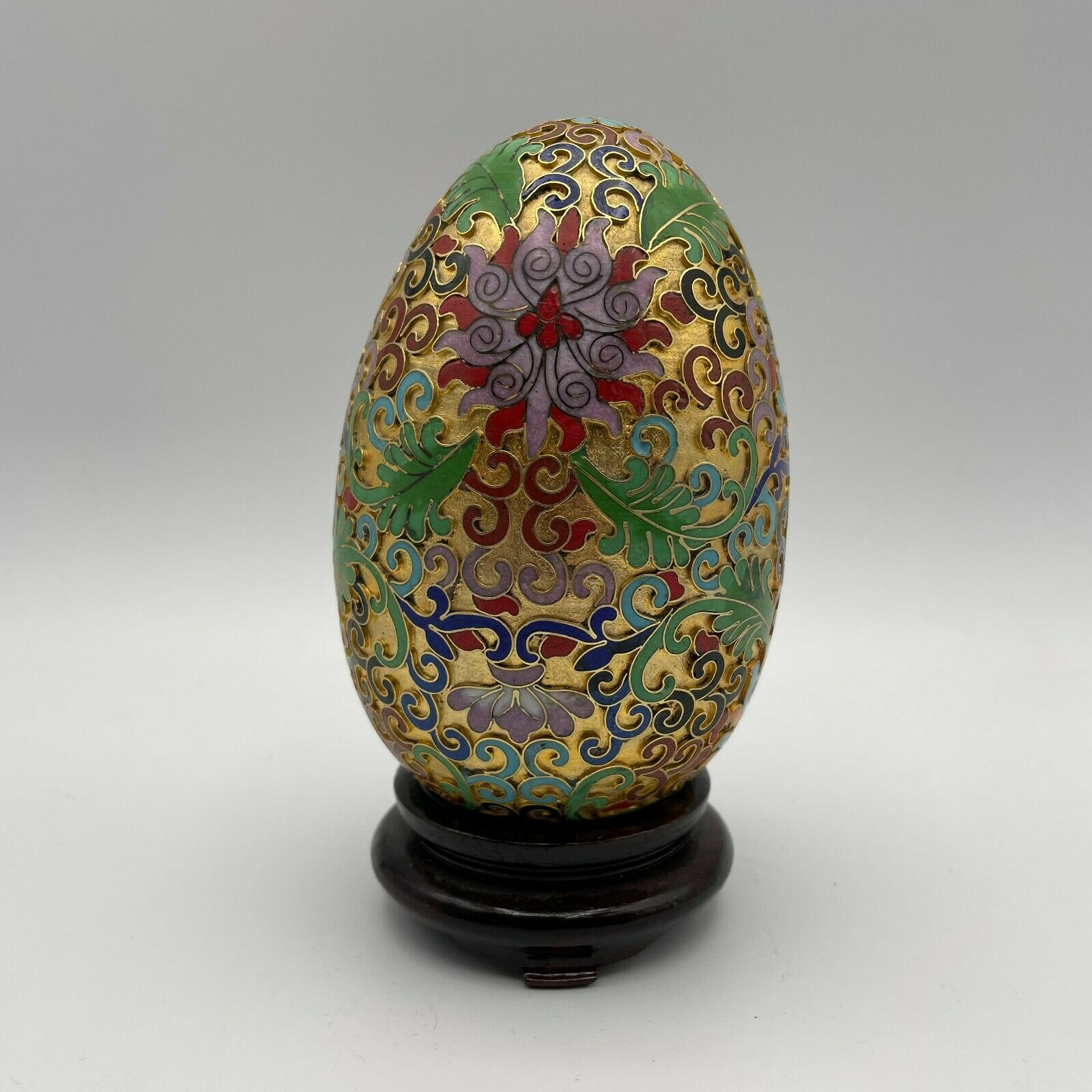 Vintage Chinese Cloisonne Egg With Wood Base - 5" - Nostalgia 2 Now